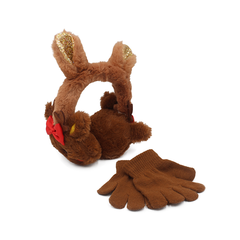 Christmas Brown Reindeer Rudolf Ear Muff and gloves set