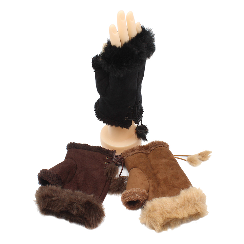 Lady's faur suede gloves with faur fur decoration